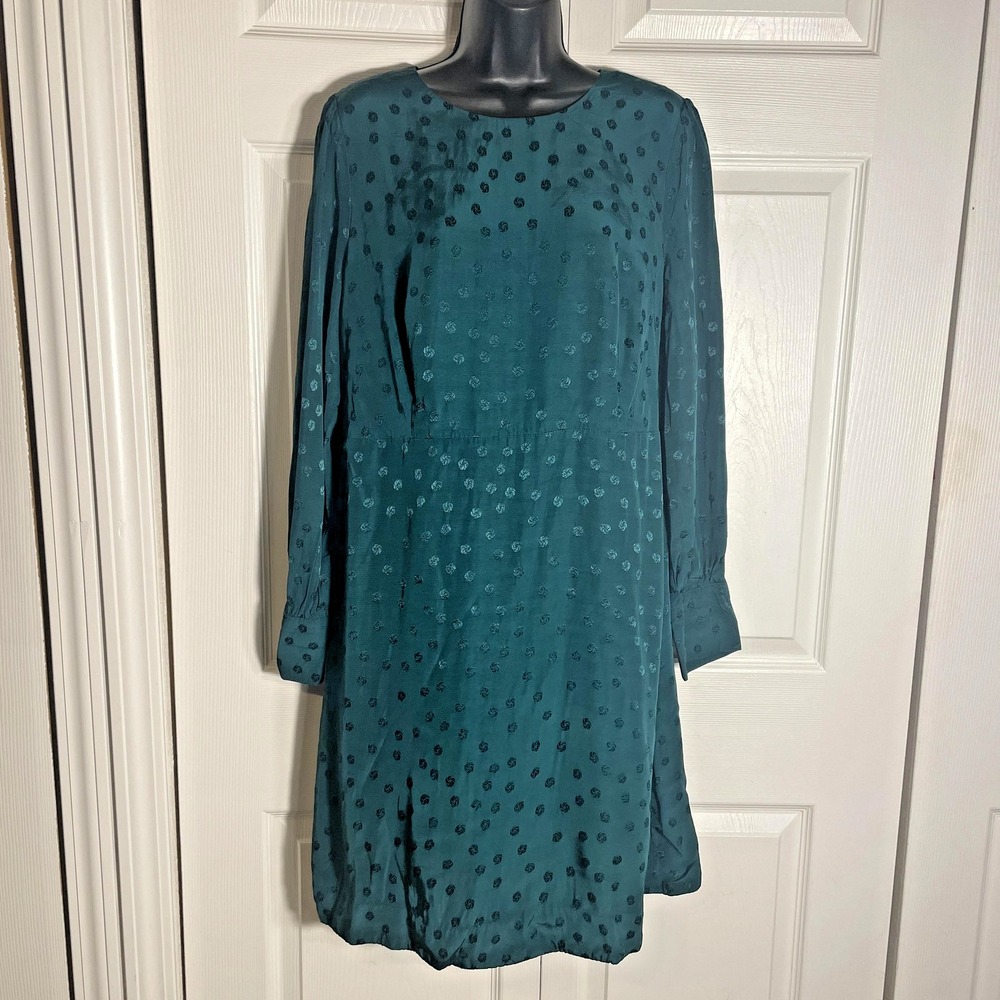 J Crew Jacquard Floral Dot Dress Womens‎ 14 Green Long Puff Sleeve Shift Career